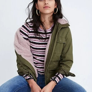 Madewell Sherpa-Trimmed Surplus green Jacket with lavender lining.size small